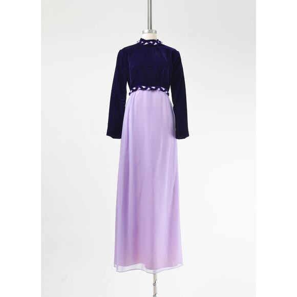 Vintage 60s Purple Formal Sheer Chiffon and Velvet Mod Retro Maxi Dress M L - Picture 2 of 9